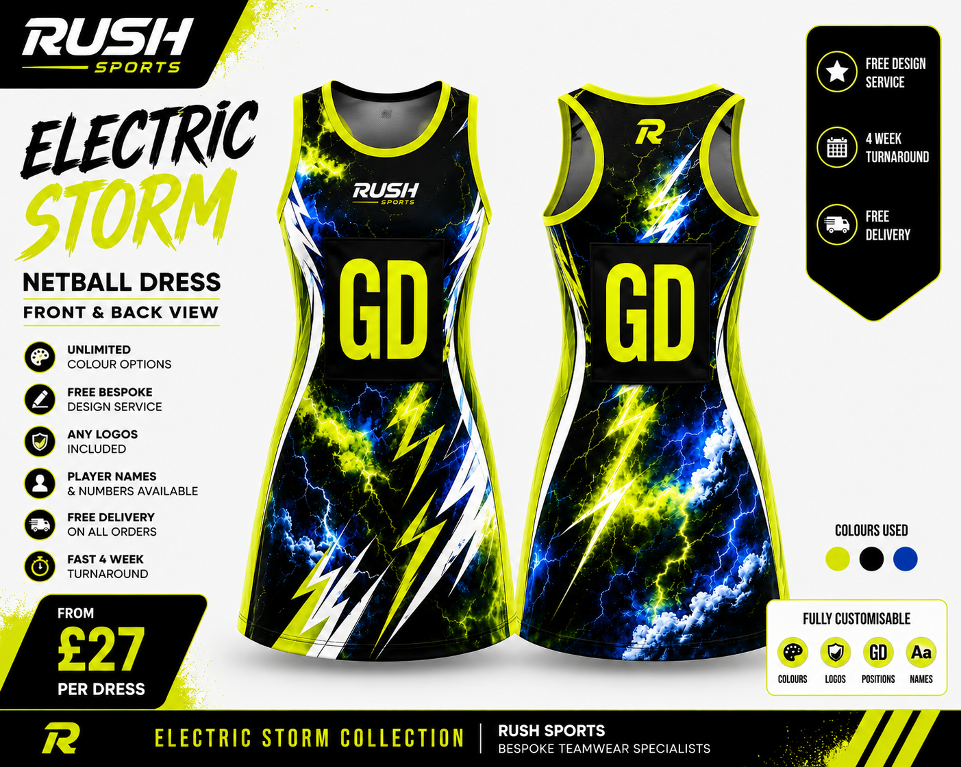 Blue and neon yellow lightening custom netball dress