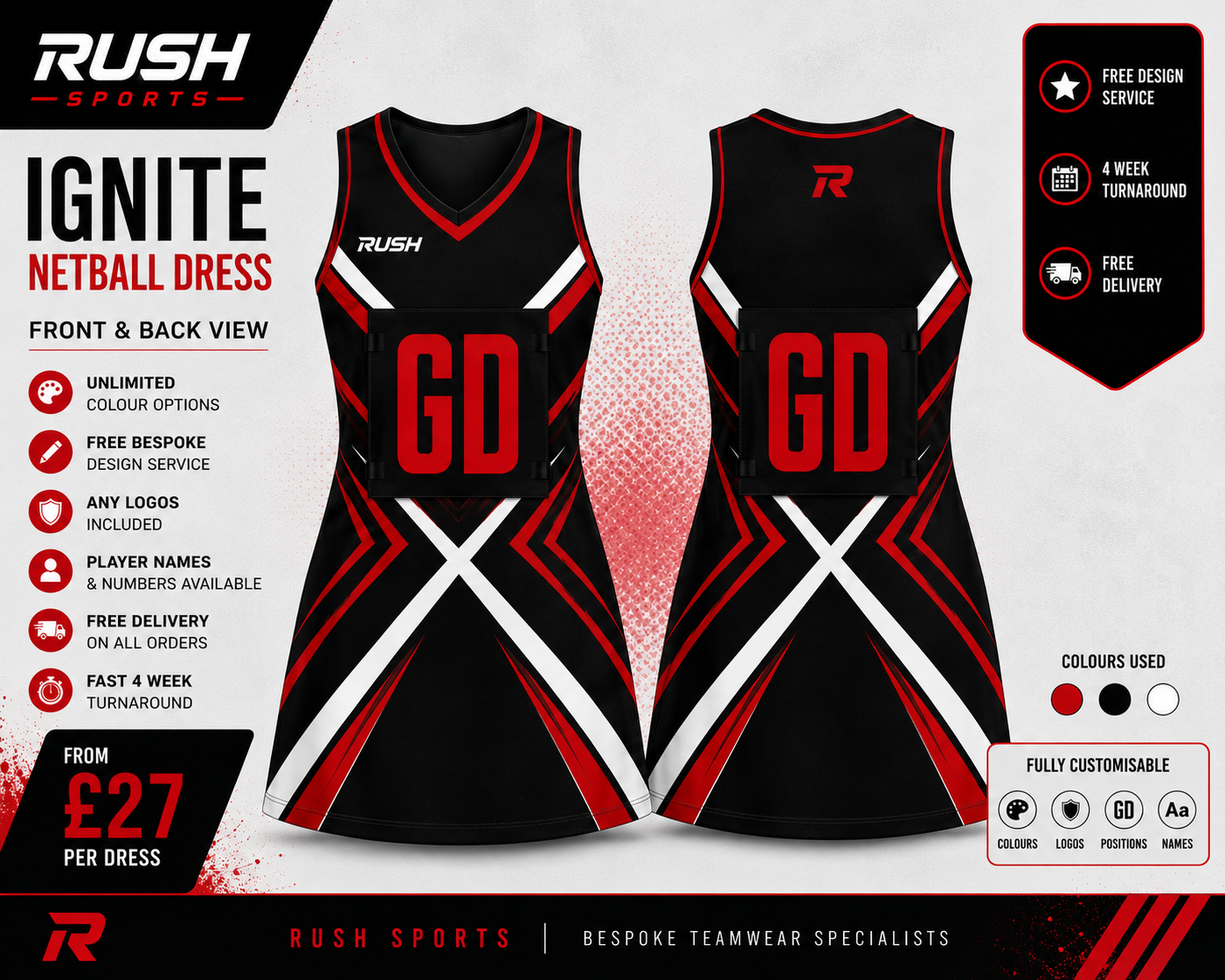 Bespoke Red and black cheerleader style netball dress 