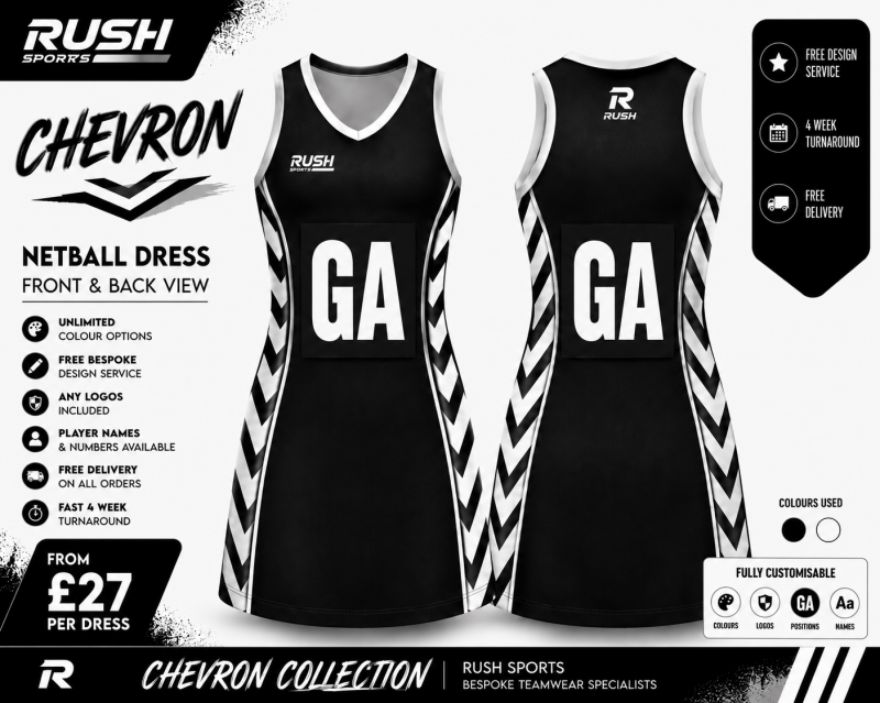 Black and white slimming chevron netball dress by rush sports 