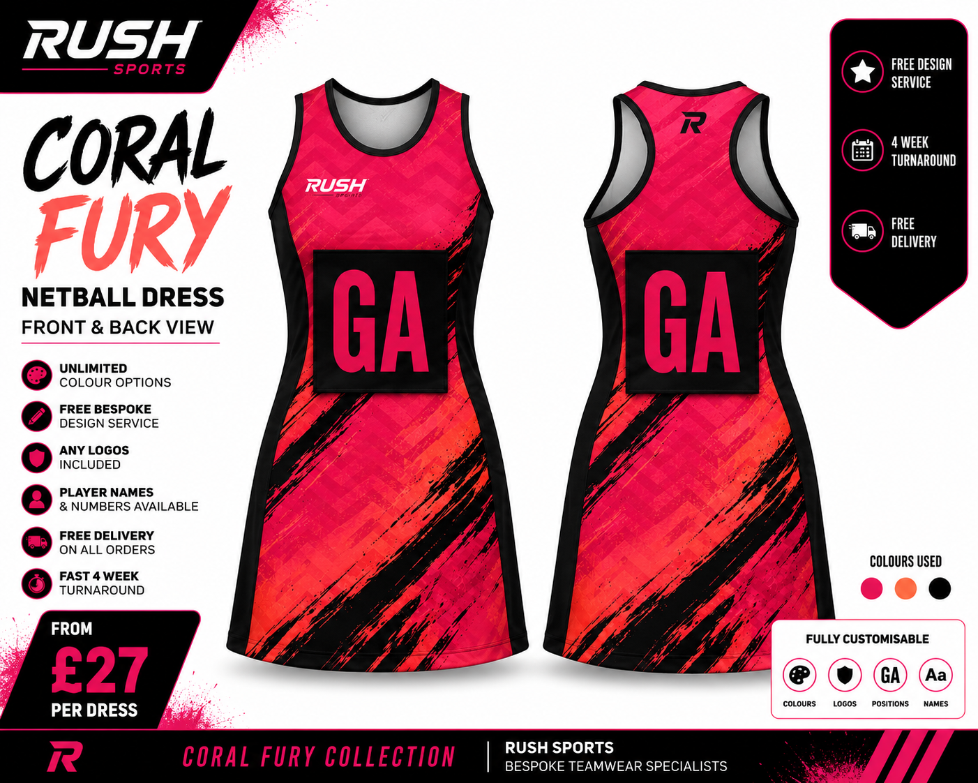 Coral chevron bespoke netball  teams dress