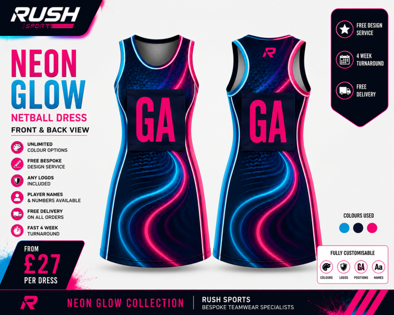 Custom Blue netball dress with neon pink and blue swirls 