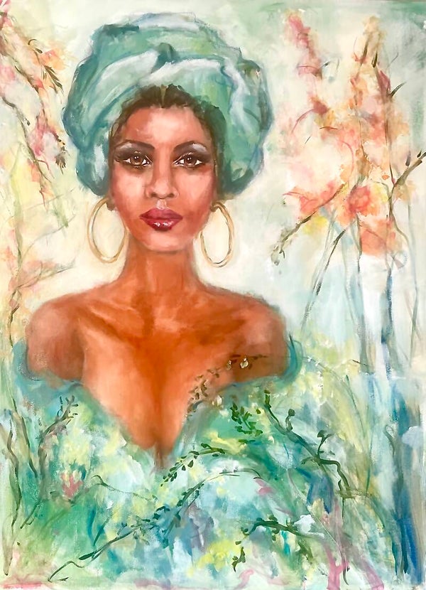 NIEUW- Schilderij/painting African women turquoise/green