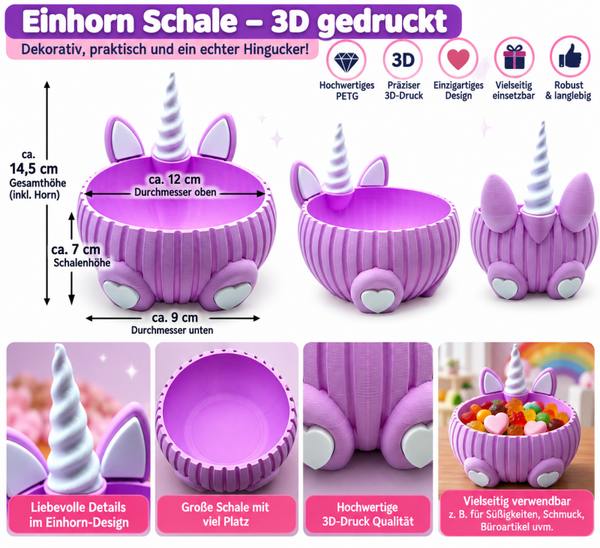 Einhorn Schale 3D Druck Lila PETG Aufbewahrung Deko Schmuck Organizer Unicorn