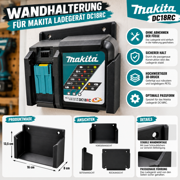 Wandhalterung für Makita DC18RC Ladegerät Schwarz PETG 3D Druck ohne Umbau