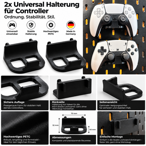 2x Controller Halter passend für IKEA SKADIS PS5 Xbox Gamepad 3D Druck Schwarz