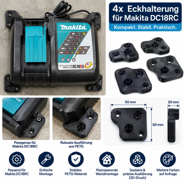 Wandhalterung für Makita DC18RC Ladegerät 4x Eckhalter PETG Schwarz 3D Druck