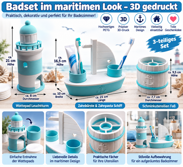 Badset Maritim 3-teilig Leuchtturm Schiff Fass Bad Organizer Wattepad Pinsel