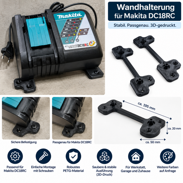 Wandhalterung für Makita DC18RC Ladegerät 2er Set PETG 3D Druck Schwarz Halter