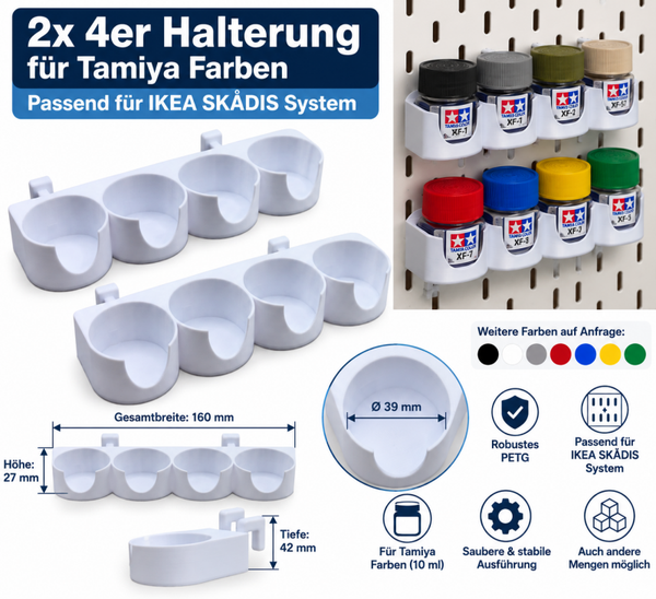 2x Tamiya Farbenhalter je 4 Farben für IKEA SKADIS 3D Druck PETG Weiß Modellbau