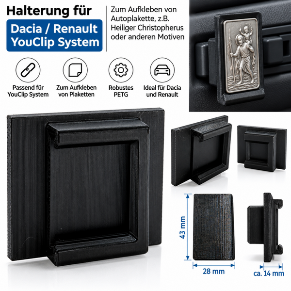 Halterung passend Dacia Renault YouClip zB. Christophorus Autoplakette hochkant