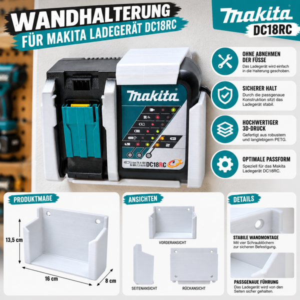 Wandhalterung für Makita DC18RC Ladegerät Weiß PETG 3D Druck ohne Umbau