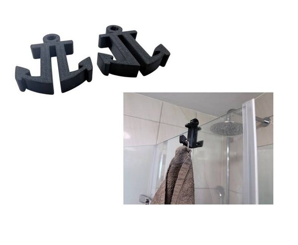 2x Duschhaken Anker Doppelhaken 6mm Glas Handtuchhaken PETG Schwarz