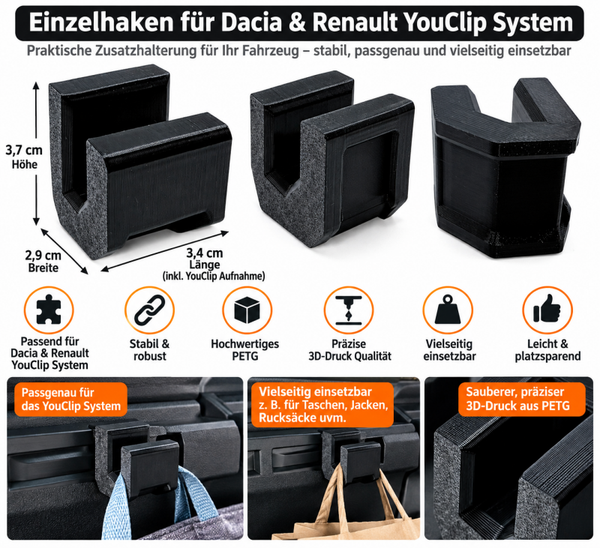 Haken passend für YouClip von Dacia Renault Zubehör Taschenhalter Aufbewahrung