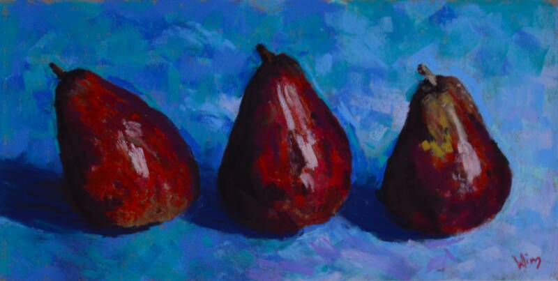 pastelschilderij van 3 rode peren op een rij