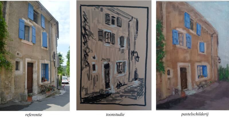 compositie van een referentiefoto, toonstudie en eindresultaat van een huis in de Provence