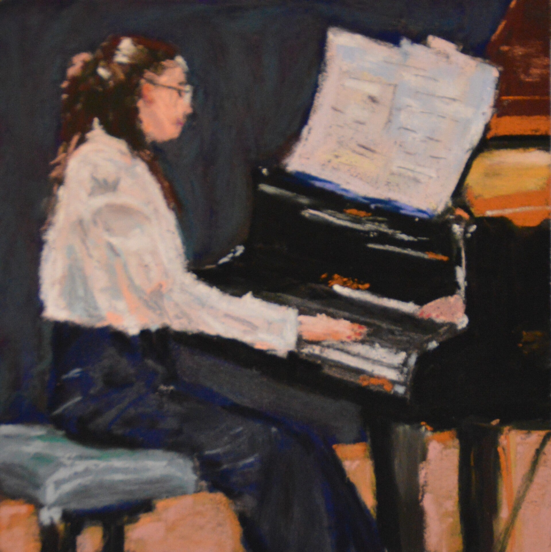 pastelschilderij van meisje dat piano speelt