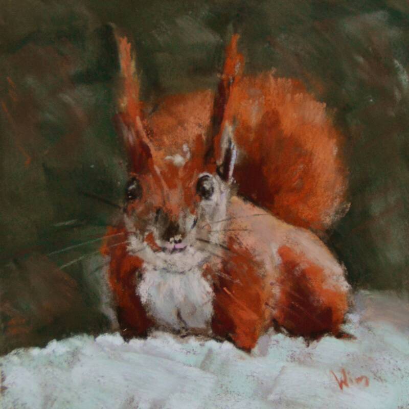 Een pastelschilderij van een eekhoorn in de sneeuw