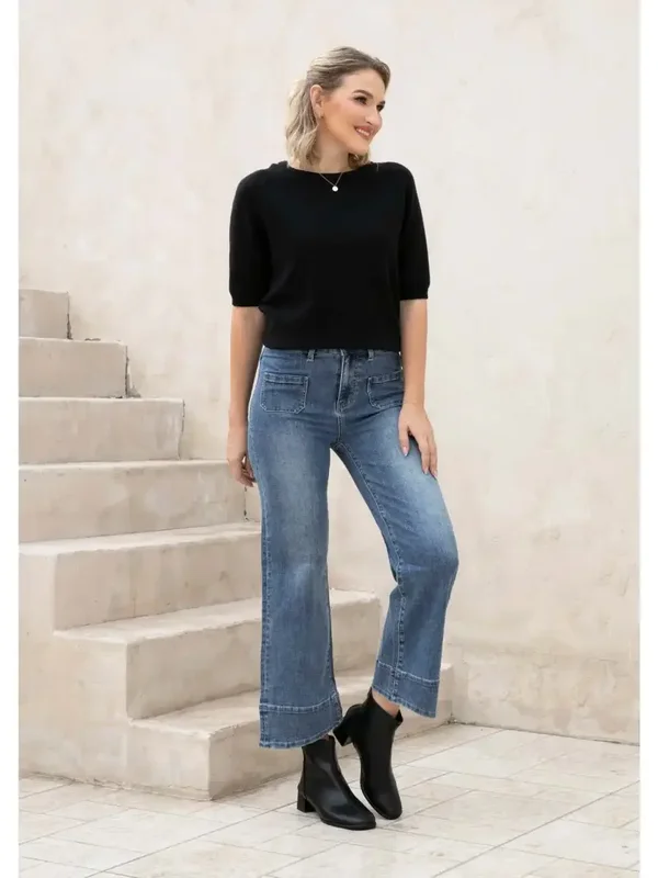 Bamboo Double Hem Wide Leg Jeans