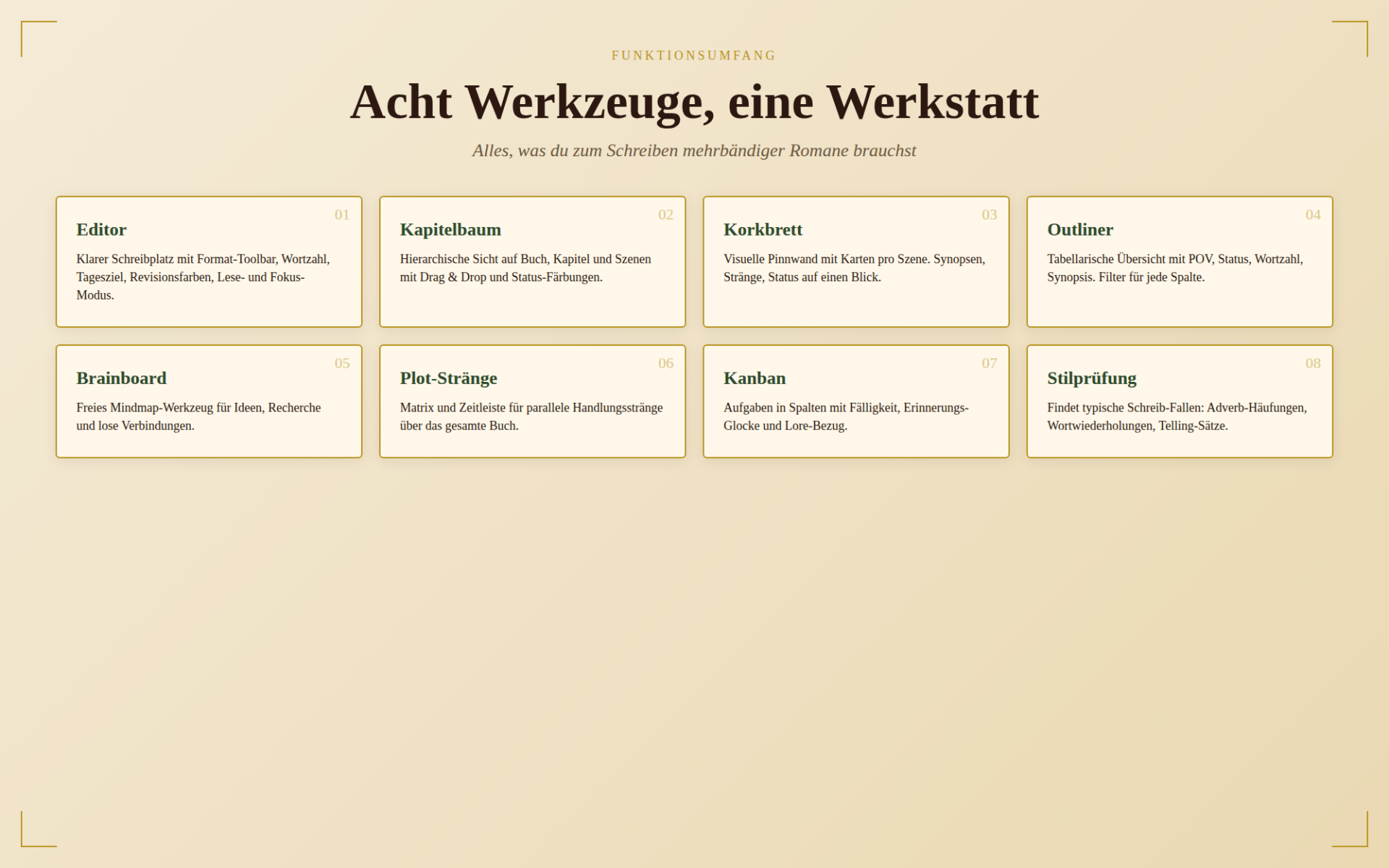 Acht Werkzeuge, eine Werkstatt — alles, was du zum Schreiben mehrbändiger Romane brauchst.