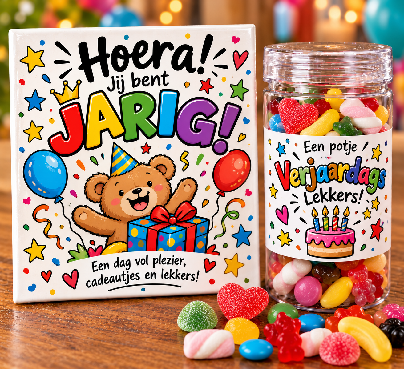 Verjaardag kind tegel met een potje snoep
