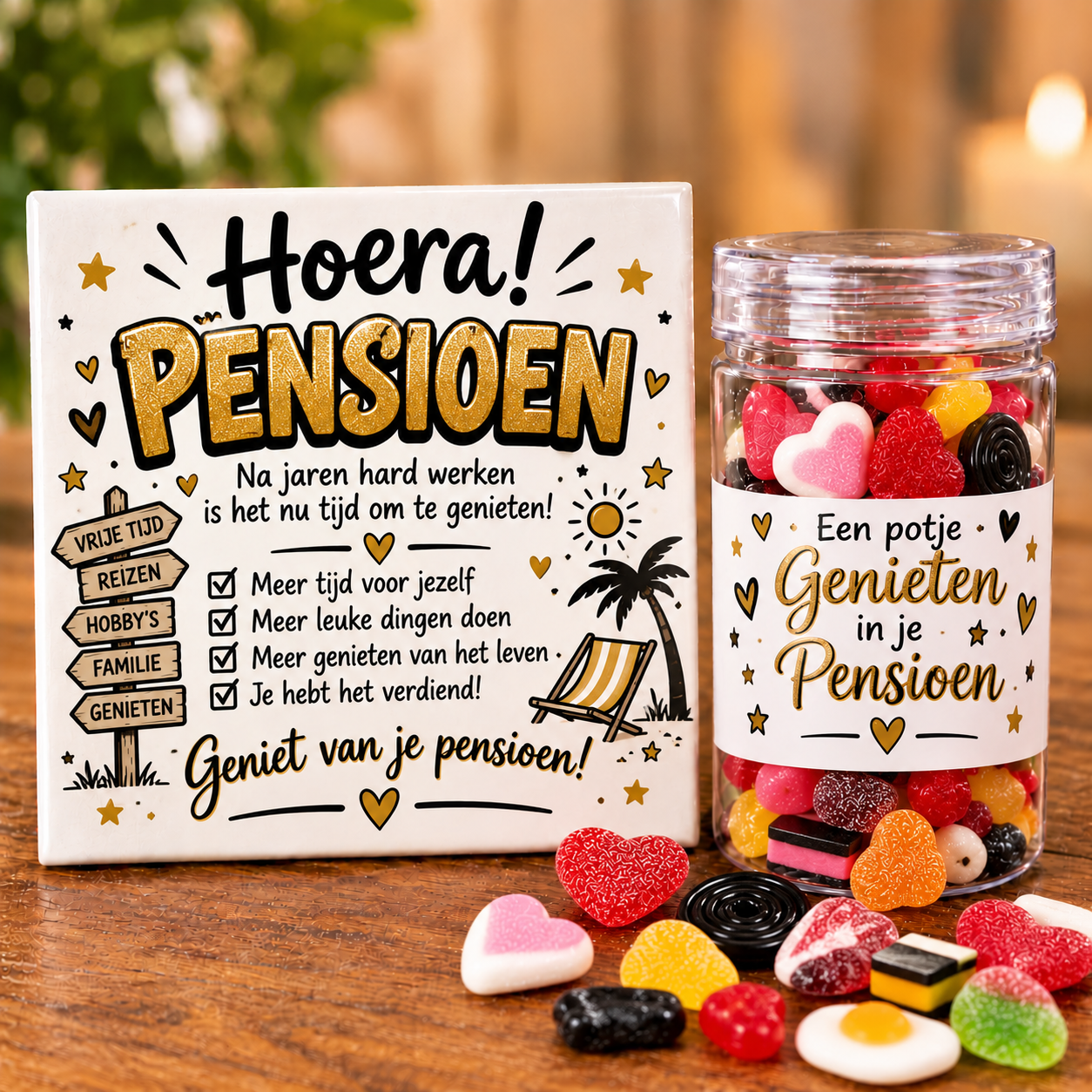 Pensioen tegel met een potje snoep