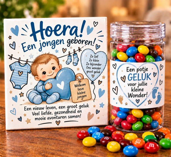 Geboorte tegel jongen en een potje snoep jongen