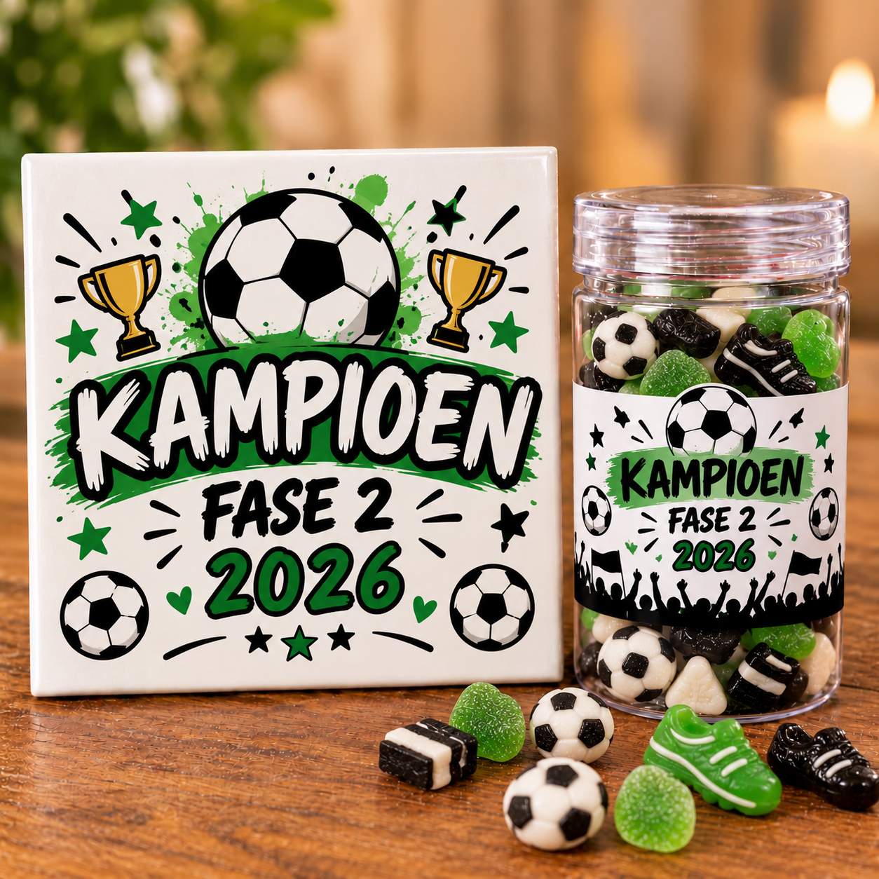 Voetbal tegel met potje snoep