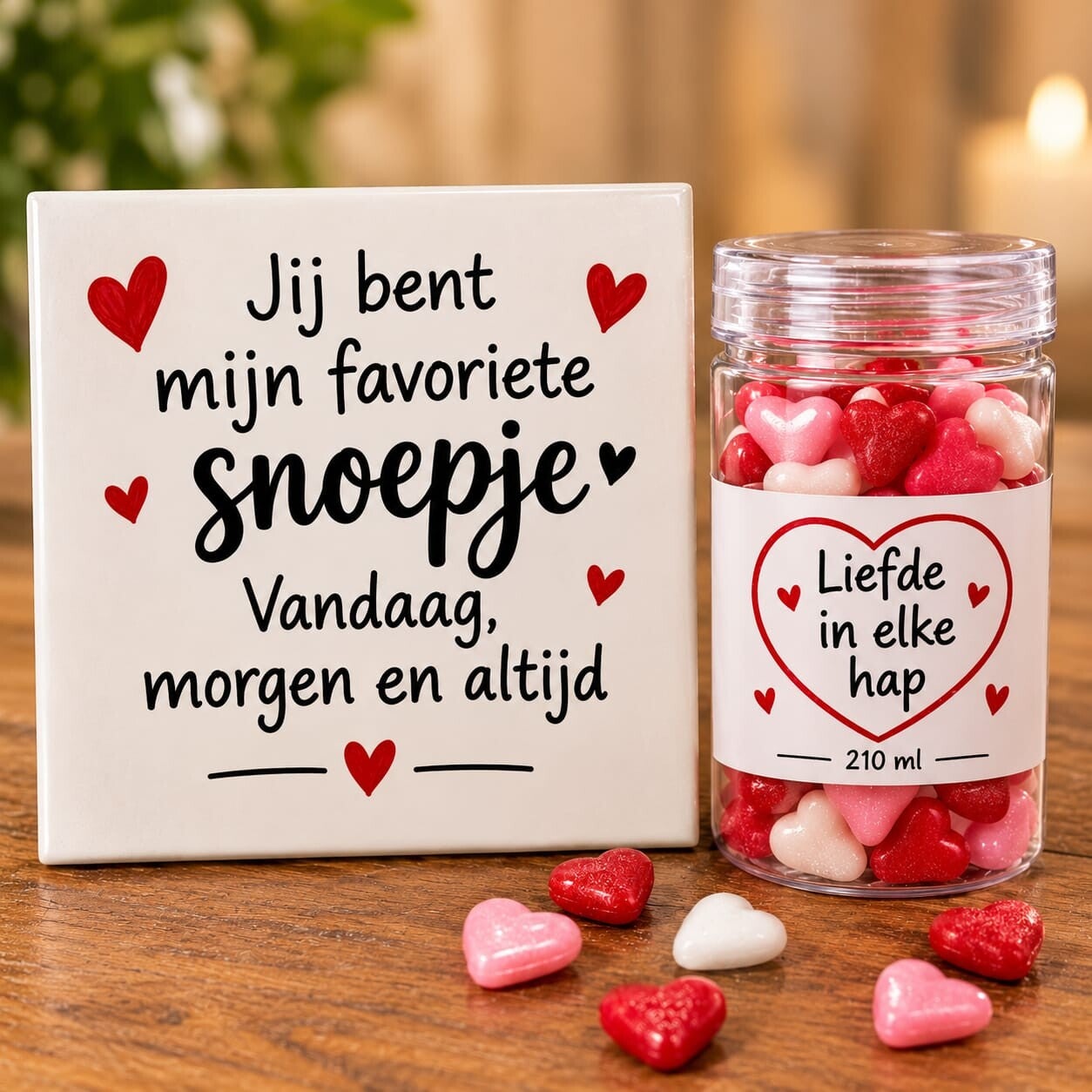 Liefde tegel met een pot hartjes snoep