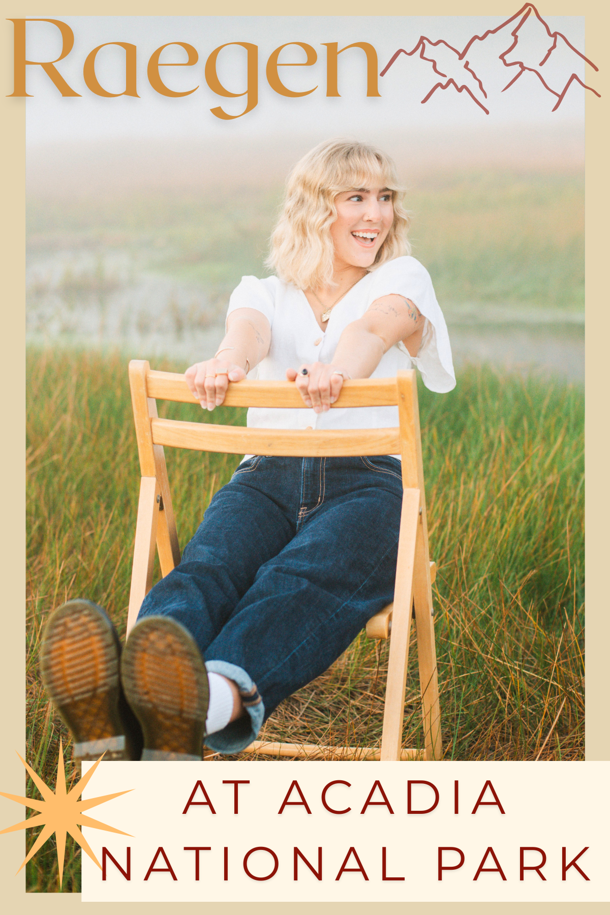 Individual portrait of a woman sitting in a chair in a grassy field at Acadia National Park in Maine