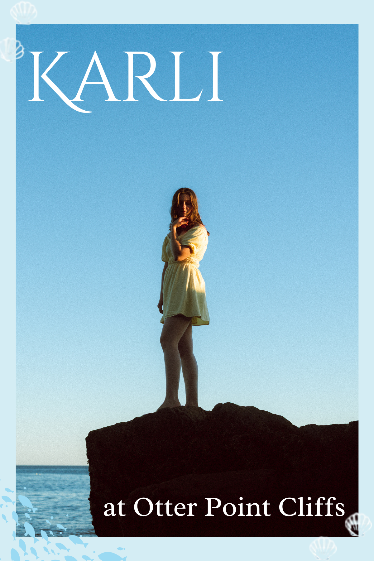 Individual portrait of a woman standing on rocks at Otter Point Cliffs in Maine during golden hour