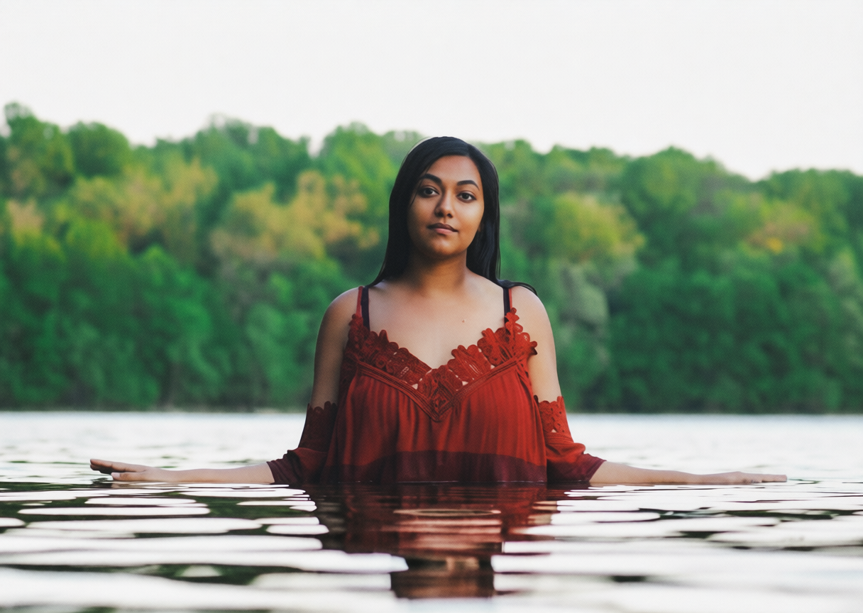 Individual portrait of a woman standing in a lake wearing a red dress with trees in the background at a lake in Southern Maryland.
