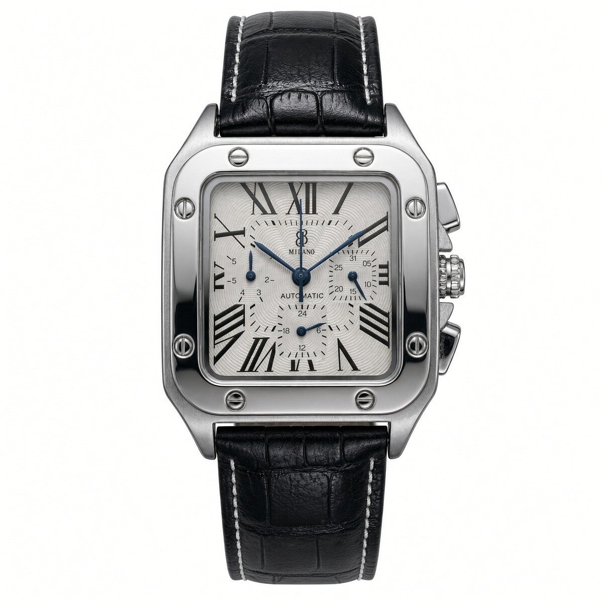 BB Milano Automatic Chronograph - Square Case, White Roman Dial, Black Leather