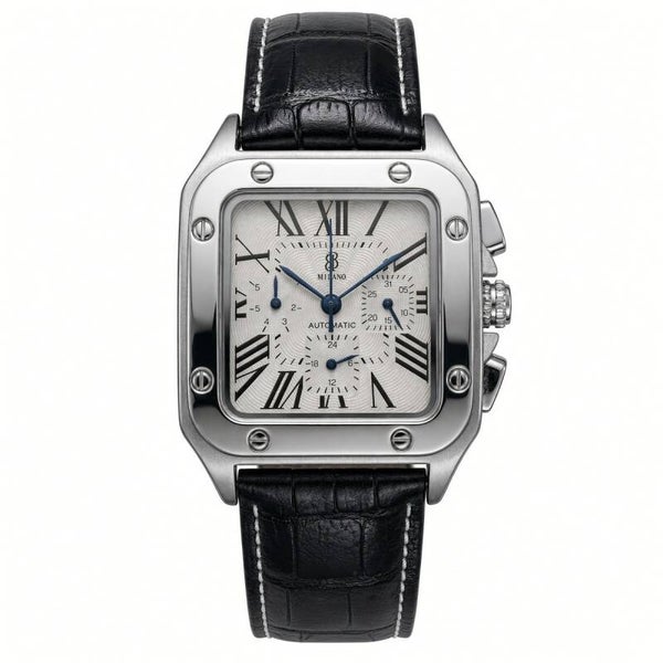 BB Milano Automatic Chronograph - Square Case, White Roman Dial, Black Leather
