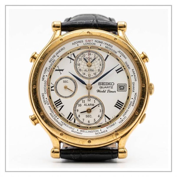 SEIKO AOD WORLDTIMER ALARM DATE 5T52-7A10 QUARTZ GOLDPLATED MENS WATCH