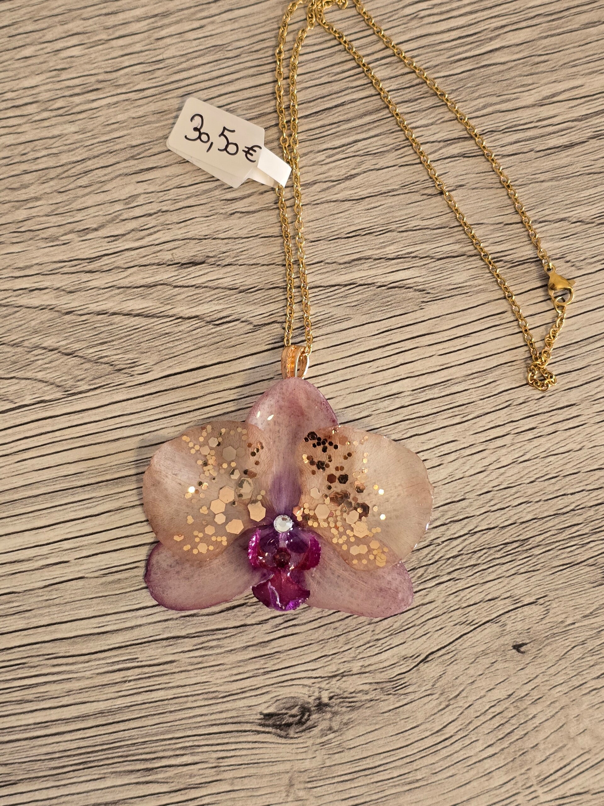 Collier orchidée rose,paillettes dorées