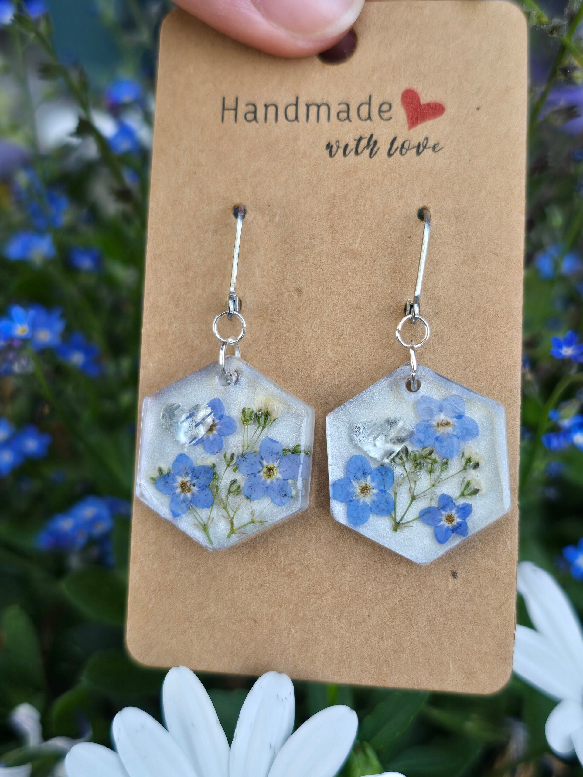 Boucles d'oreilles fleurs bleues + coeur argentéargentéss