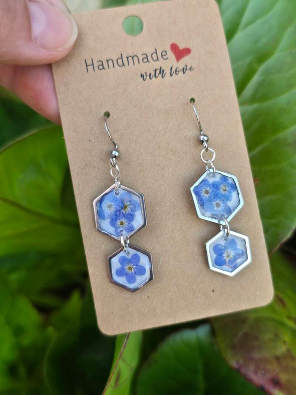 Boucles d'oreilles fleurs bleues breloques