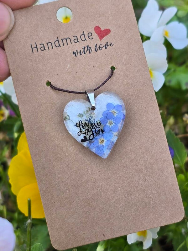 Pendentif Love you fleurs bleues