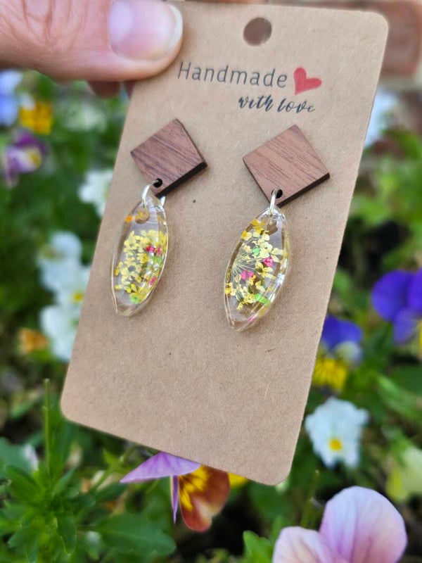 Boucles d'oreilles bouquet jaune, attaches losanges