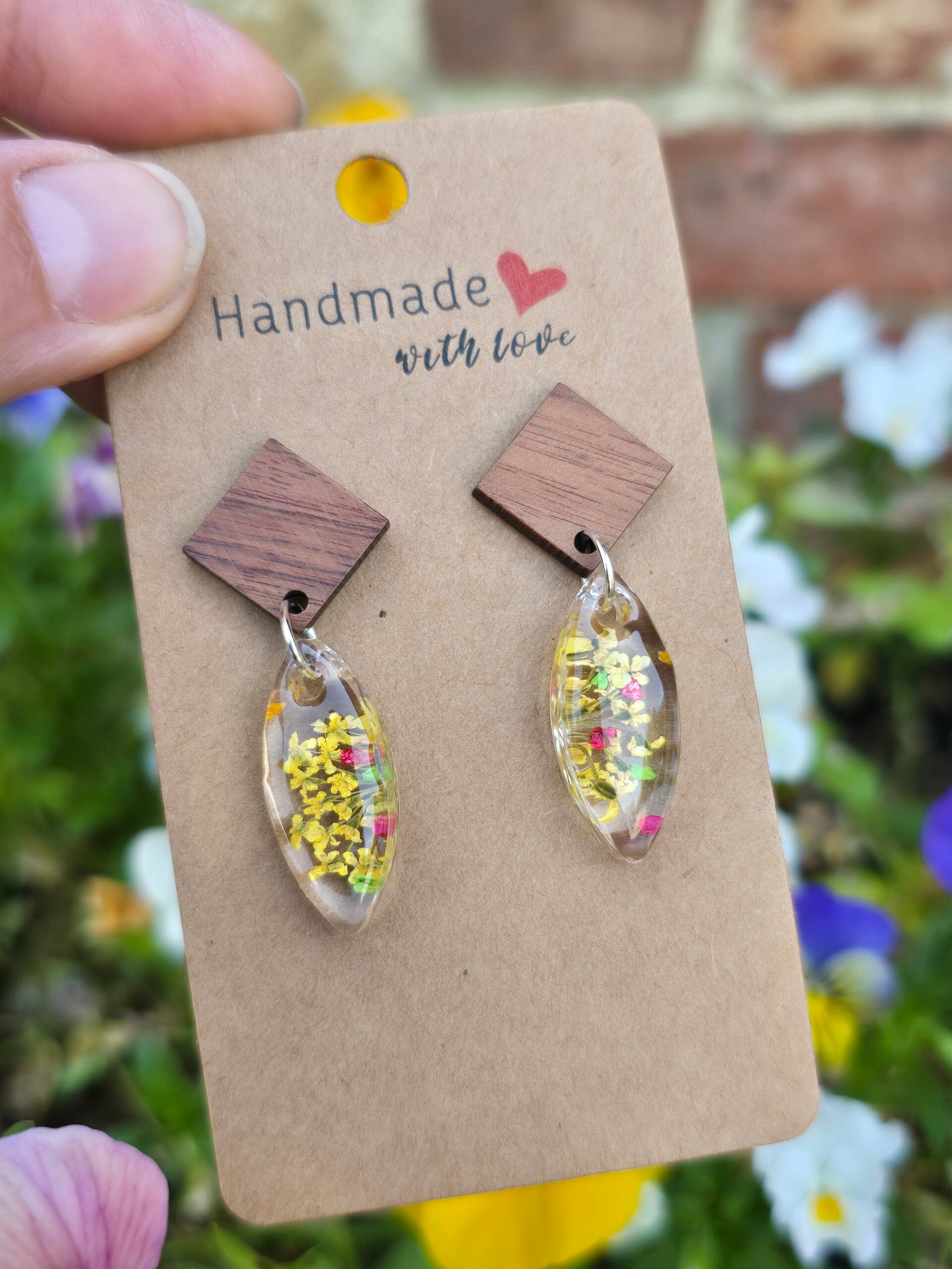 boucles d'oreilles bouquet jaune, losange bois