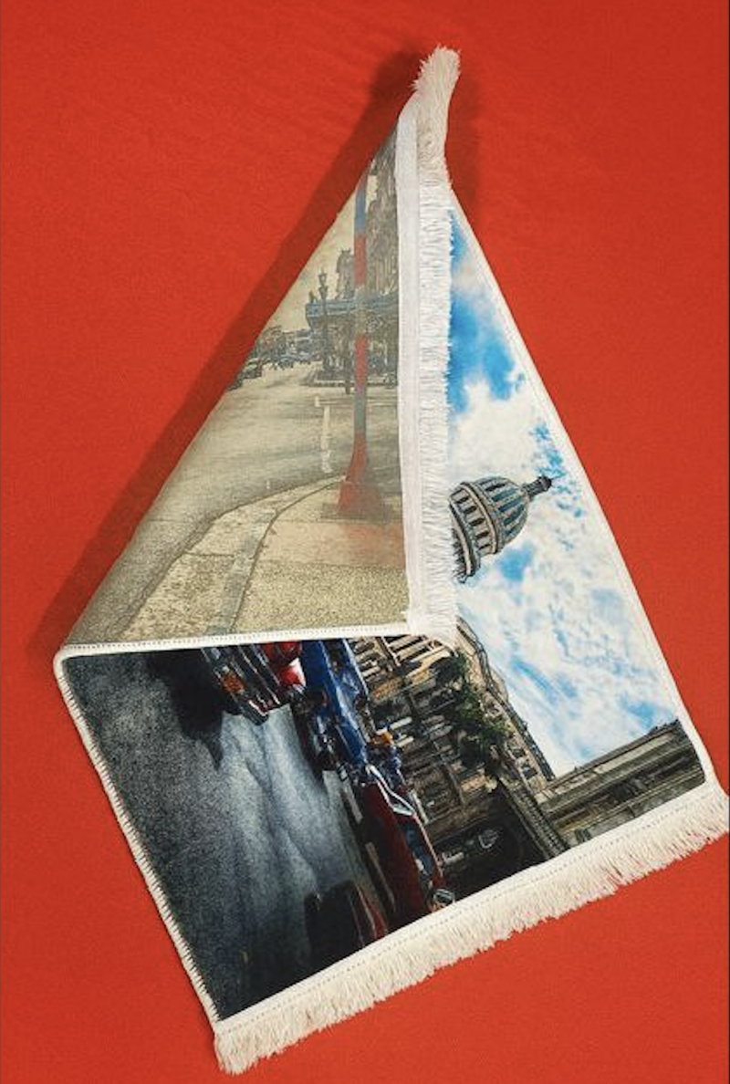 This image displays both the front and back sides of the wall art rug