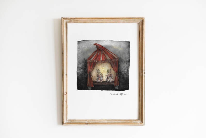 Carnival aquarel tekening van een circuskar met twee konijnen erin