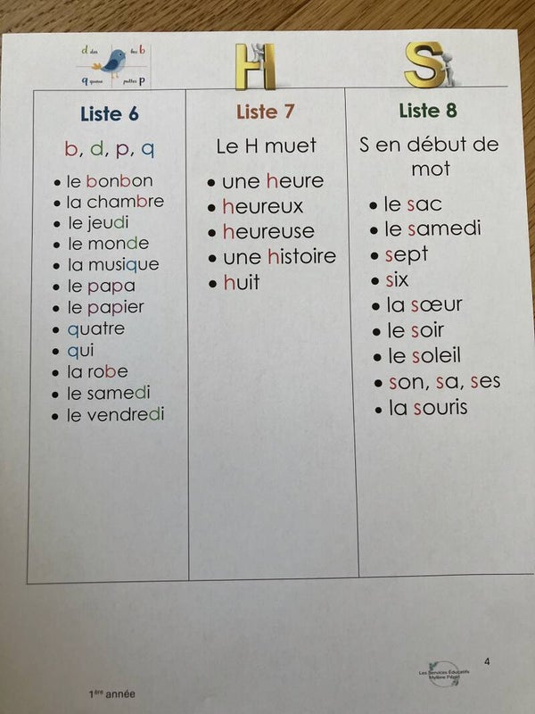 Listes de mots version numérique 1ère année