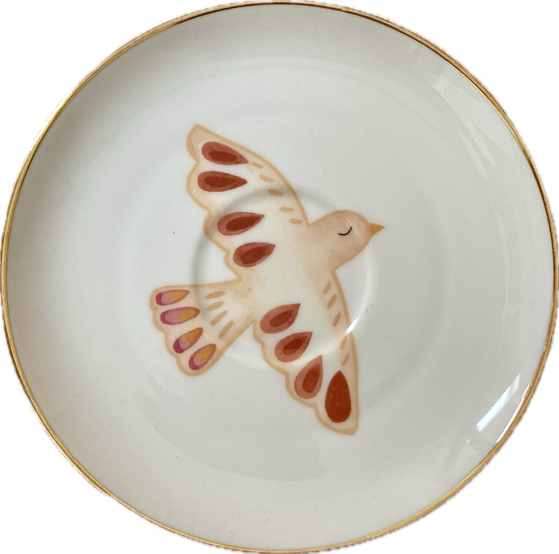 Vogel op bordje met gouden rand