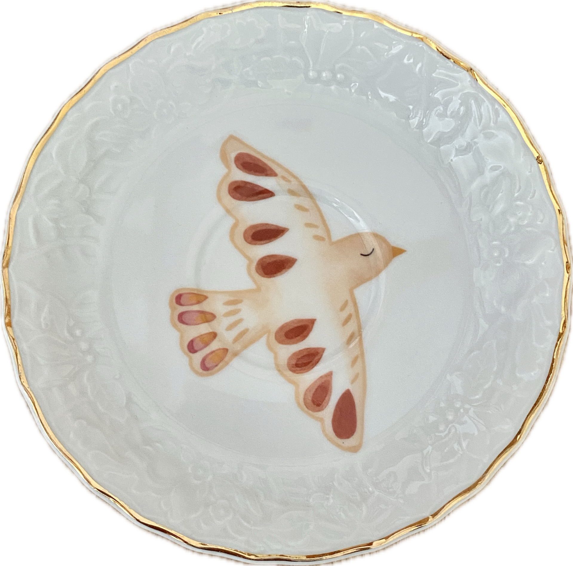 Vogel op schotel met gouden rand