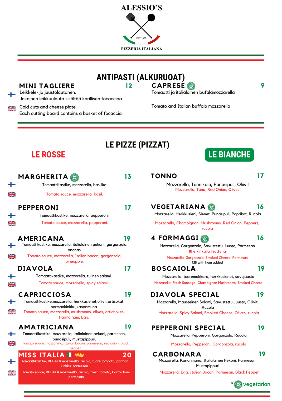 Menu | Alessio´s Pizzeria Italiana