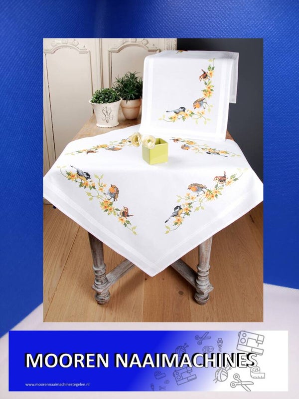 Verachtert Borduurpakket Kruissteek Tafellaken tuinvogels tussen bloesem 80x80cm