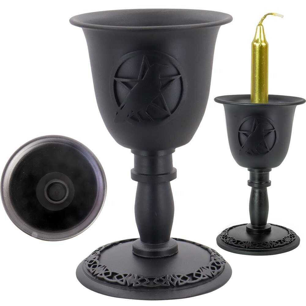 MINI CANDLE HOLDER-METAL CHALICE-RAVEN/PENTACLE 4″ / PORTE MINI CHANDELLE-COUPE METAL-CORBEAU/PENTACLE 4″(CR)