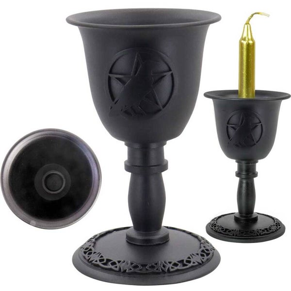 MINI CANDLE HOLDER-METAL CHALICE-RAVEN/PENTACLE 4″ / PORTE MINI CHANDELLE-COUPE METAL-CORBEAU/PENTACLE 4″(CR)