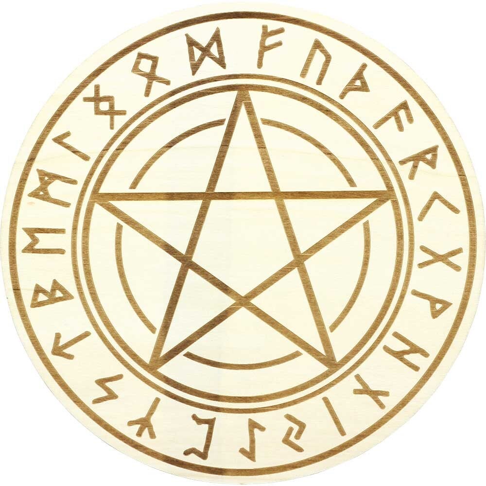 WOOD CRYSTAL GRID-RUNES PENTACLE 12″DIA / GRILLE PR CRISTAUX EN BOIS-RUNES PENTACLE 12″DIA(CR)